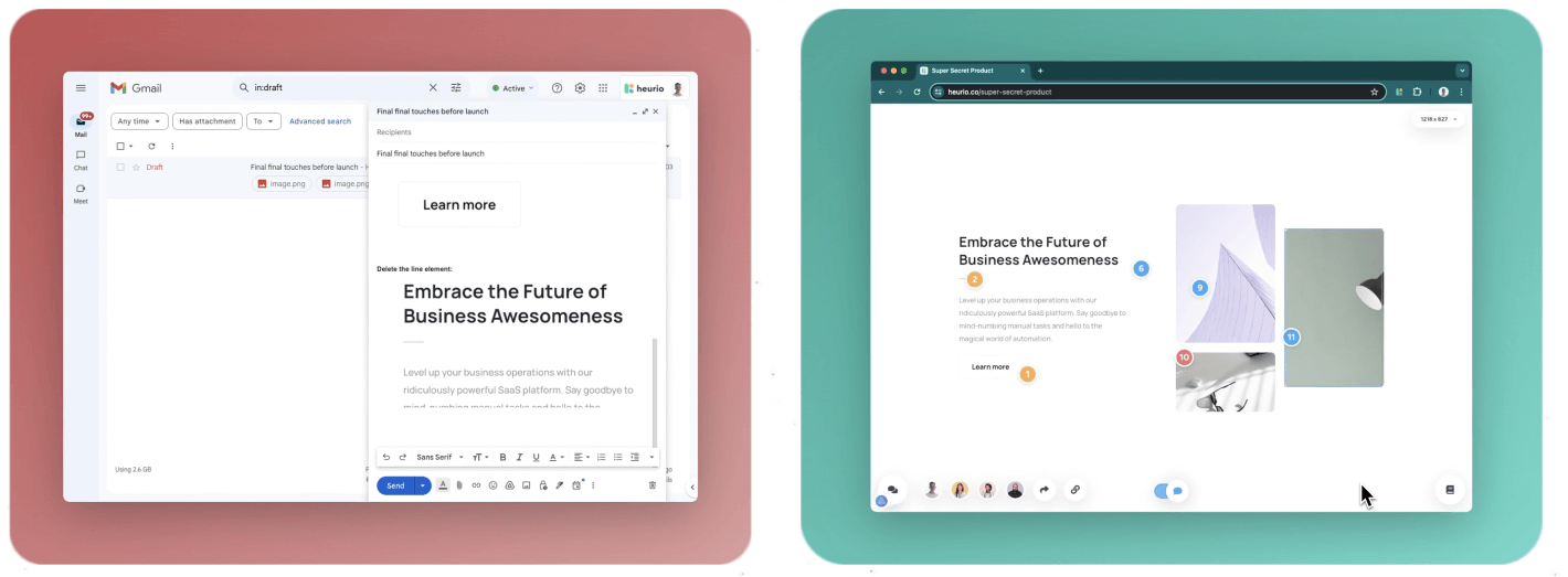 Sending screenshots via neverending email threads vs. Highlighting and prioritizing feedback on a live website with Heurio.